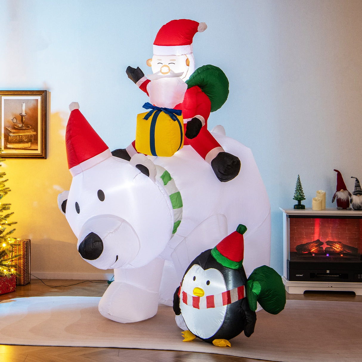 7 pies Papá Noel inflable montado en oso con bolsas de regalo de pingüinos y caja de regalo