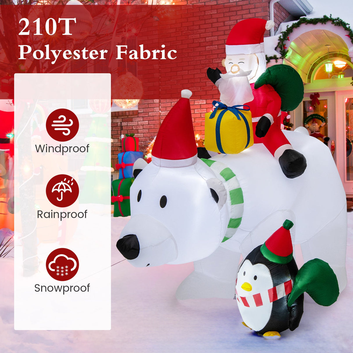 7 pies Papá Noel inflable montado en oso con bolsas de regalo de pingüinos y caja de regalo