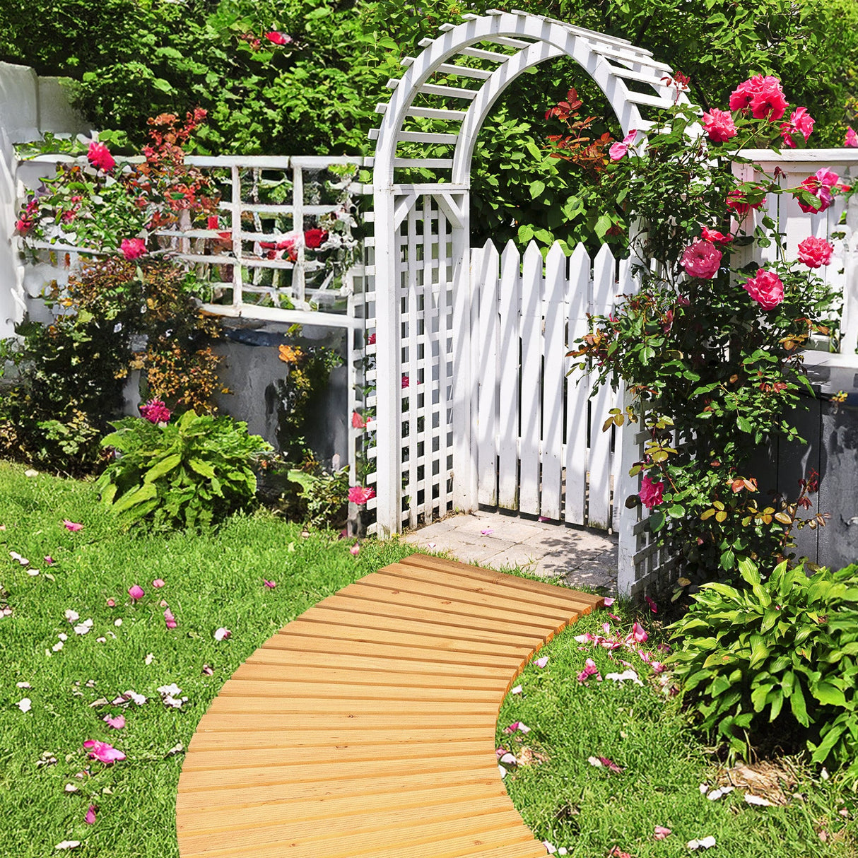 Pasarela de jardín enrollable de madera de abeto de 7 pies con superficie antideslizante - Curvada - Natural