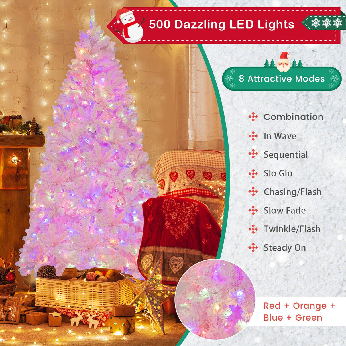 Árbol de Navidad artificial flocado de 2,13 m con 500 luces LED y 1200 ramas