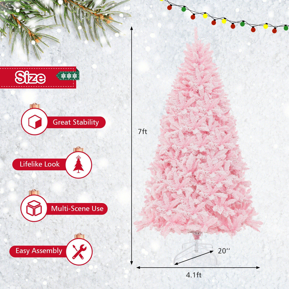 Árbol de Navidad artificial flocado de 2,13 m con 500 luces LED y 1200 ramas