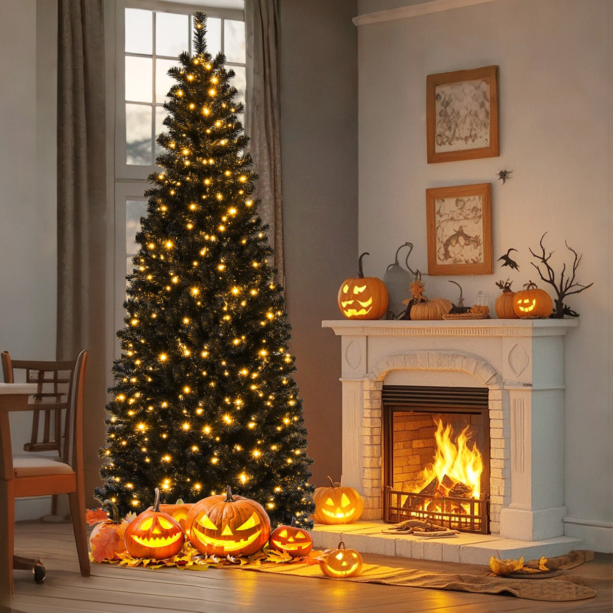 Árbol de Navidad/Halloween preiluminado con puntas de ramas de PVC y luces blancas cálidas