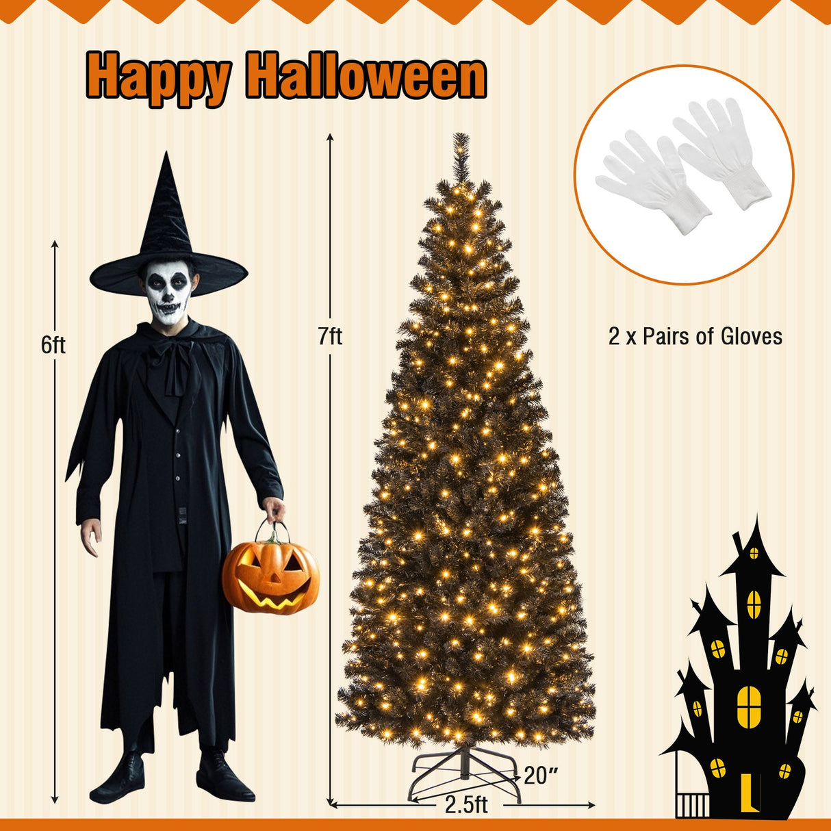 Árbol de Navidad/Halloween preiluminado con puntas de ramas de PVC y luces blancas cálidas