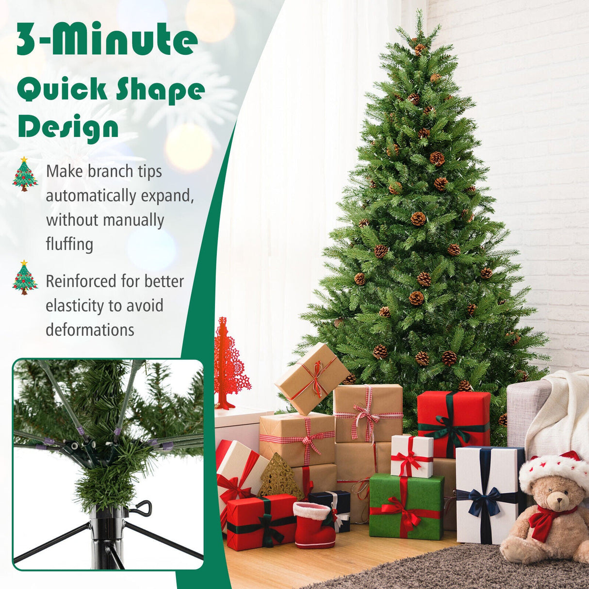 Árbol de Navidad Artificial de 1.83 m con Piñas y Brillo Ajustable
