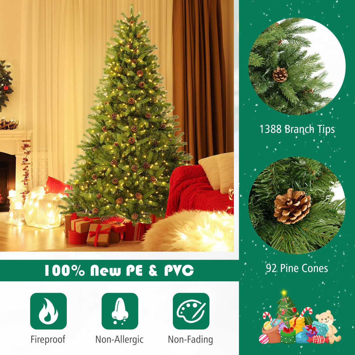 Árbol de Navidad Artificial de 1.83 m con Piñas y Brillo Ajustable