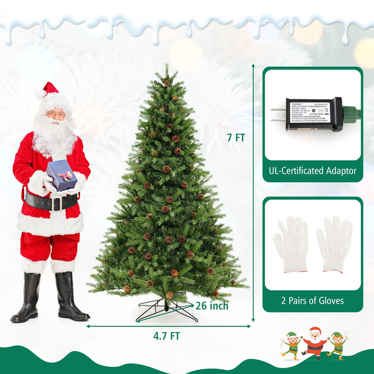 Árbol de Navidad Artificial de 1.83 m con Piñas y Brillo Ajustable