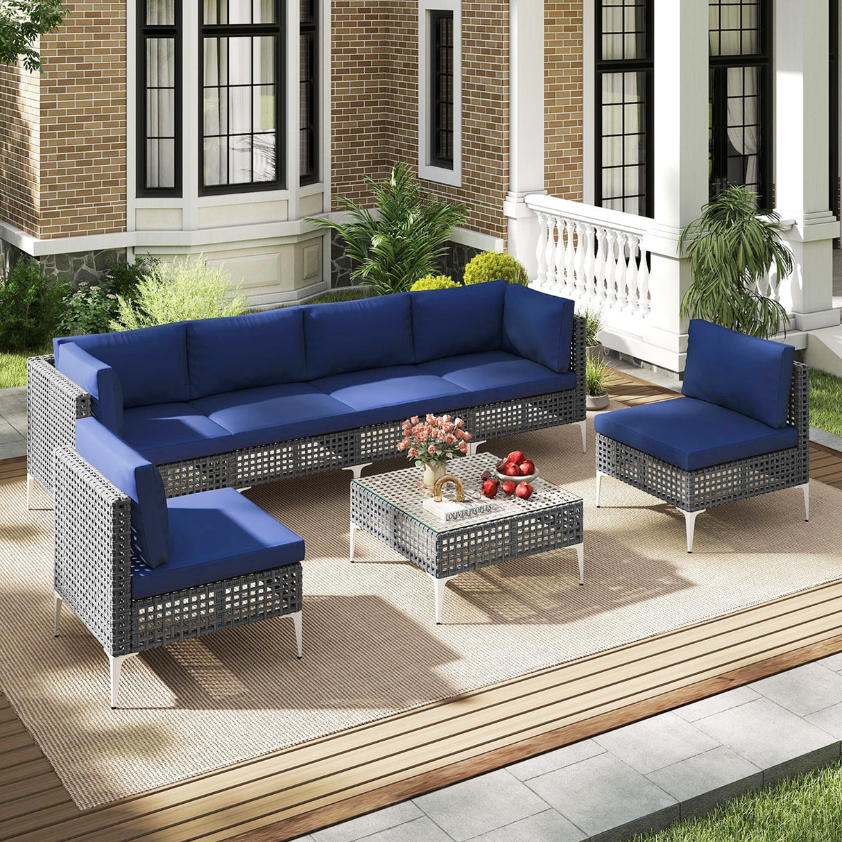 Juego de muebles de exterior de 7 piezas, sillas de mimbre con mesa de centro de vidrio templado-Azul marino