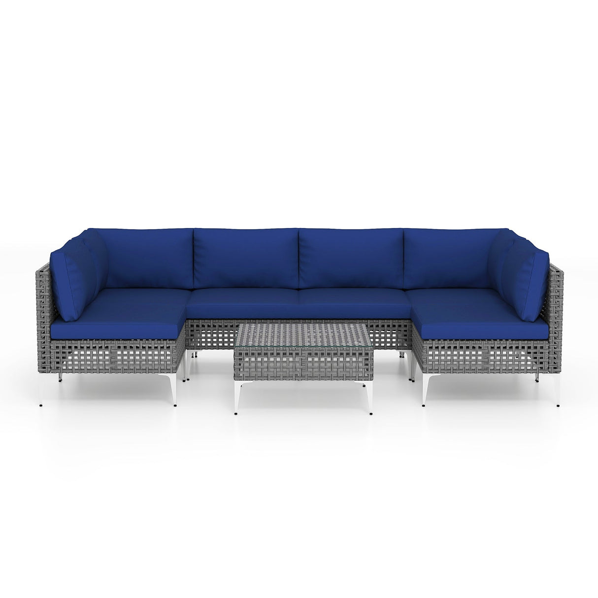 Juego de muebles de exterior de 7 piezas, sillas de mimbre con mesa de centro de vidrio templado-Azul marino