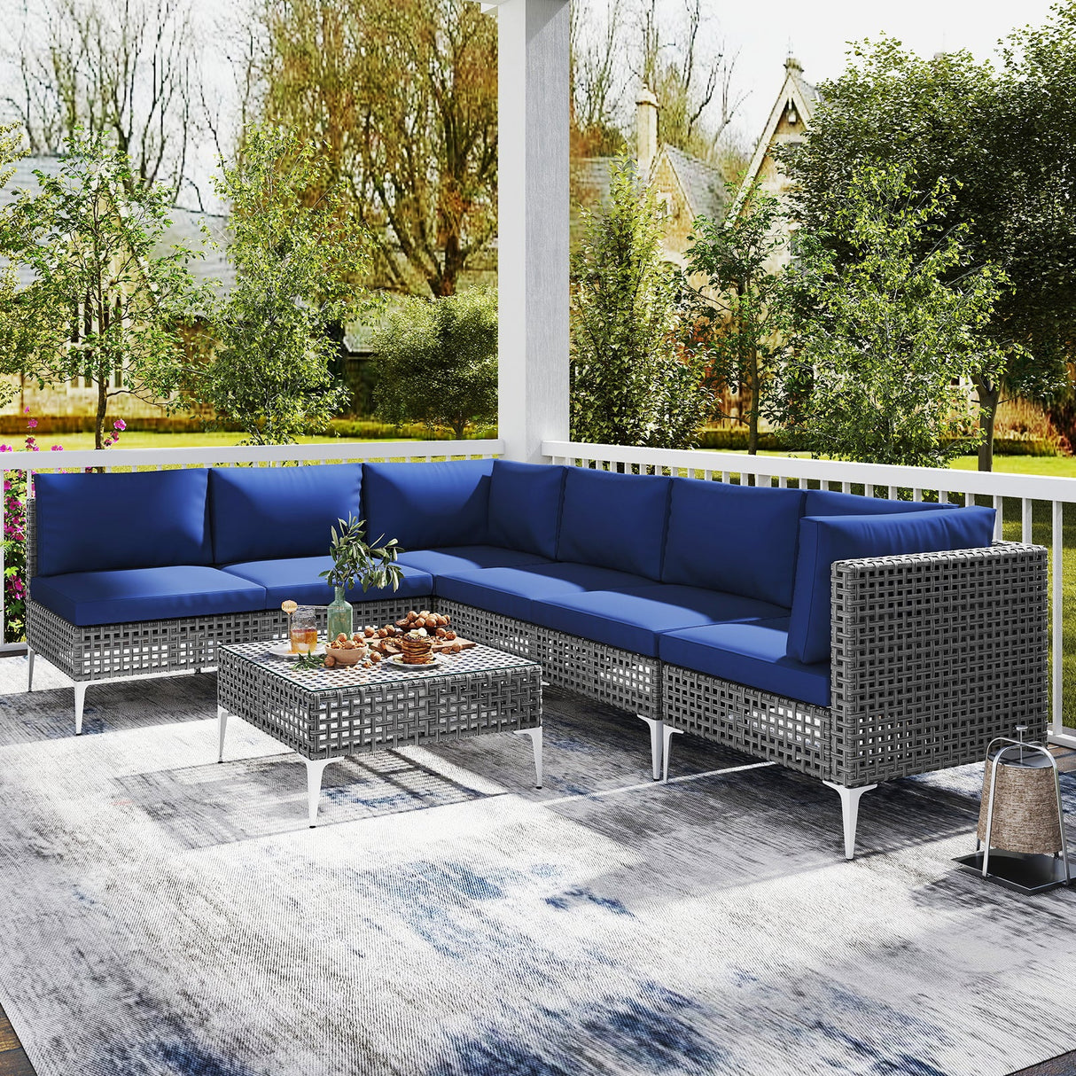 Juego de muebles de exterior de 7 piezas, sillas de mimbre con mesa de centro de vidrio templado-Azul marino