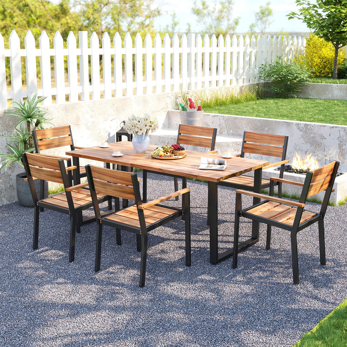 Juego de comedor para patio de 7 piezas de madera de acacia con estructura de metal y agujero para sombrilla de 2 pulgadas