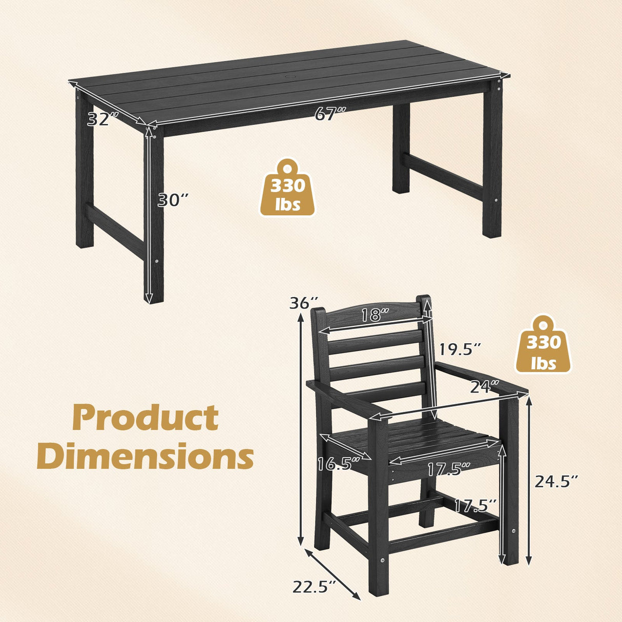 Juego de comedor de exterior de 7 piezas para 6 personas, mesa rectangular de HDPE de 67 pulgadas para patio y 6 sillones