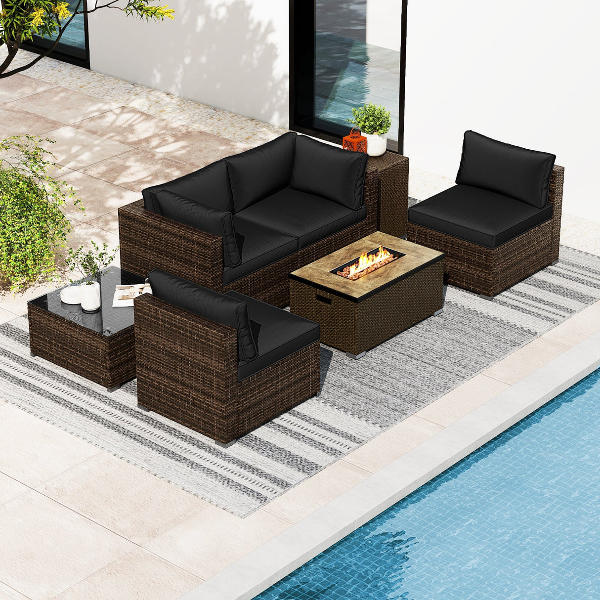 7 Pieces Outdoor Furniture Set with 32 Inch Fire Pit Table and Propane Tank Cover