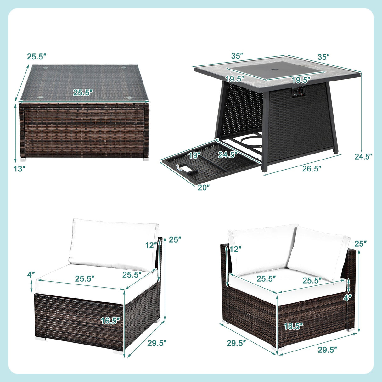 7 Pieces Patio Furniture Set with 35 Inches 50000 BTU Propane Gas Fire Pit Table and Waterproof Cover for Firpit
