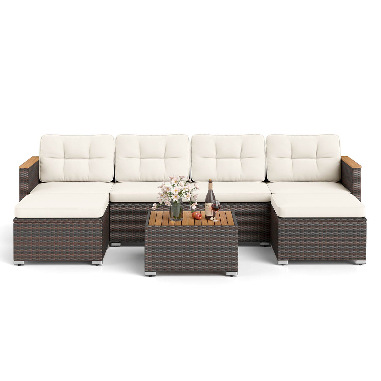 7 Pieces Wicker Conversation Set with Wood Armrests for Backyard-White