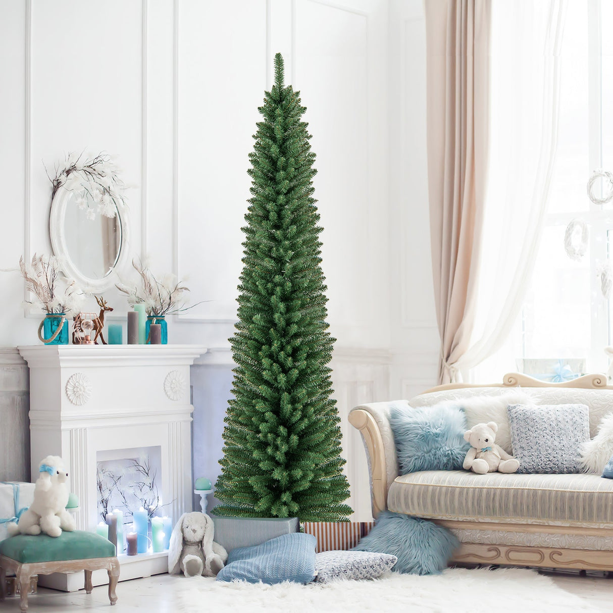 Árbol de Navidad Tipo Lápiz de 1,5/1,8/2,1/2,4 metros con 295/392/523/671 Puntas de Rama de Alambre con Memoria y Soporte Metálico Mejorado