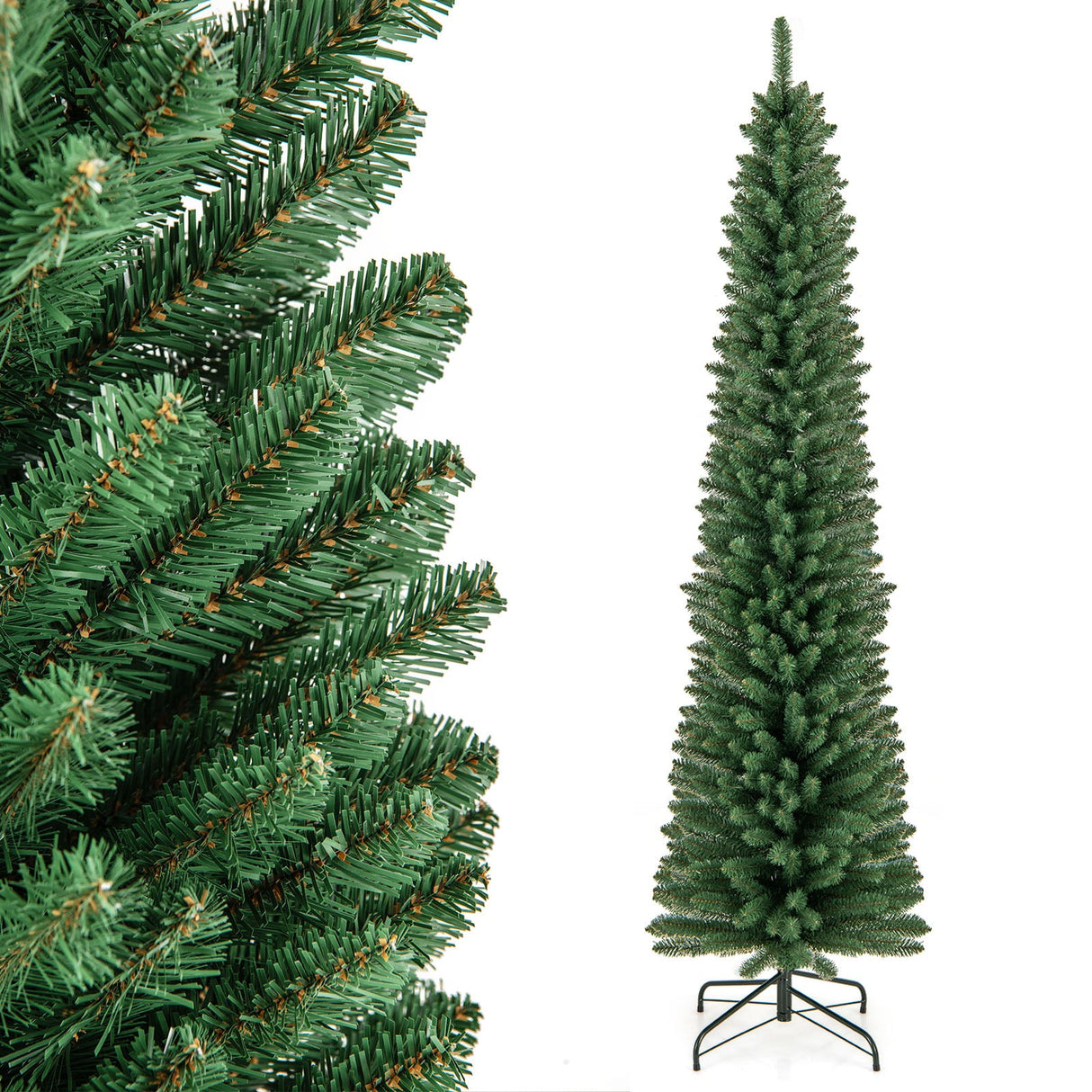 Árbol de Navidad Tipo Lápiz de 1,5/1,8/2,1/2,4 metros con 295/392/523/671 Puntas de Rama de Alambre con Memoria y Soporte Metálico Mejorado