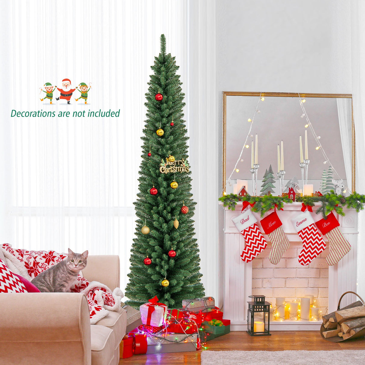Árbol de Navidad Tipo Lápiz de 1,5/1,8/2,1/2,4 metros con 295/392/523/671 Puntas de Rama de Alambre con Memoria y Soporte Metálico Mejorado