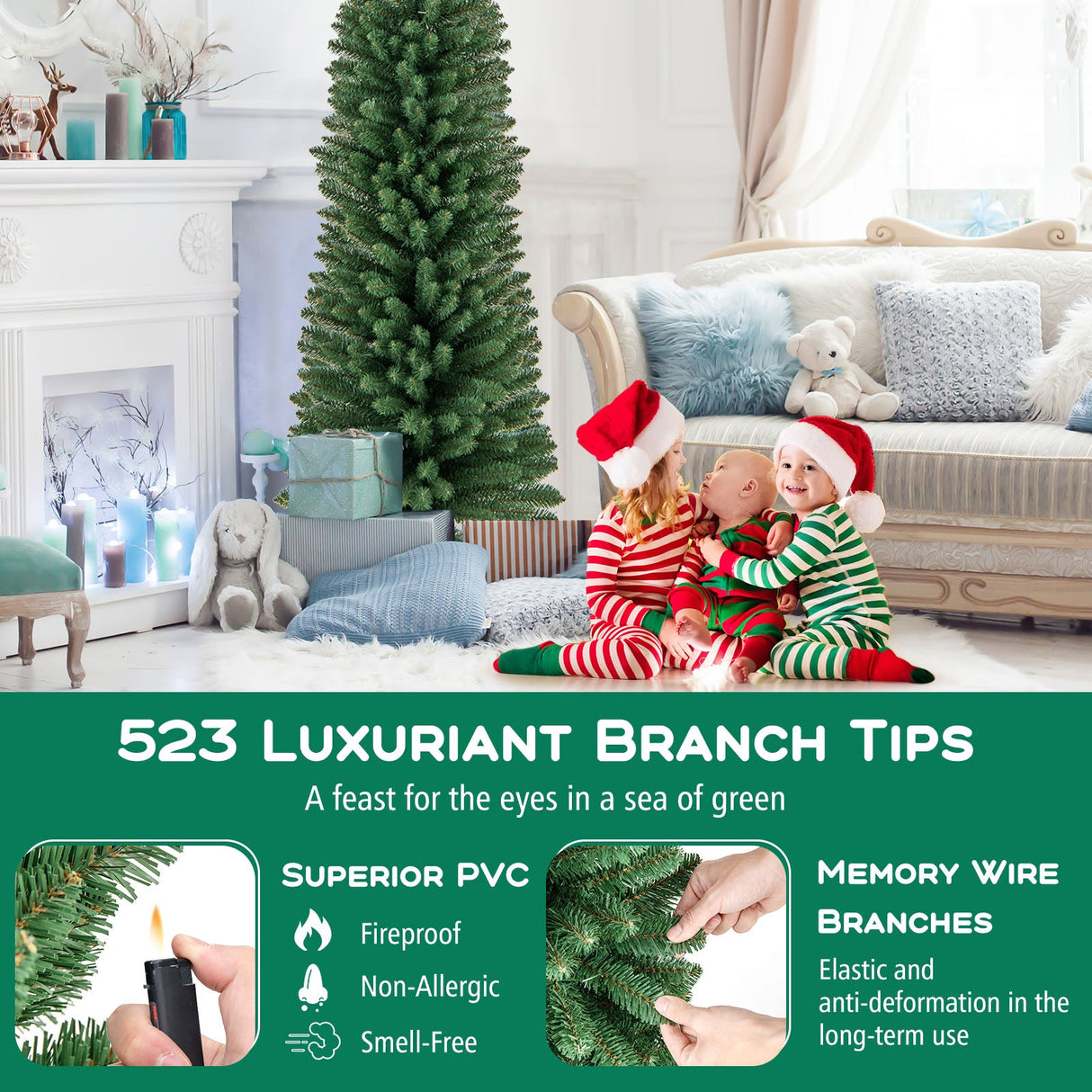 Árbol de Navidad Tipo Lápiz de 1,5/1,8/2,1/2,4 metros con 295/392/523/671 Puntas de Rama de Alambre con Memoria y Soporte Metálico Mejorado
