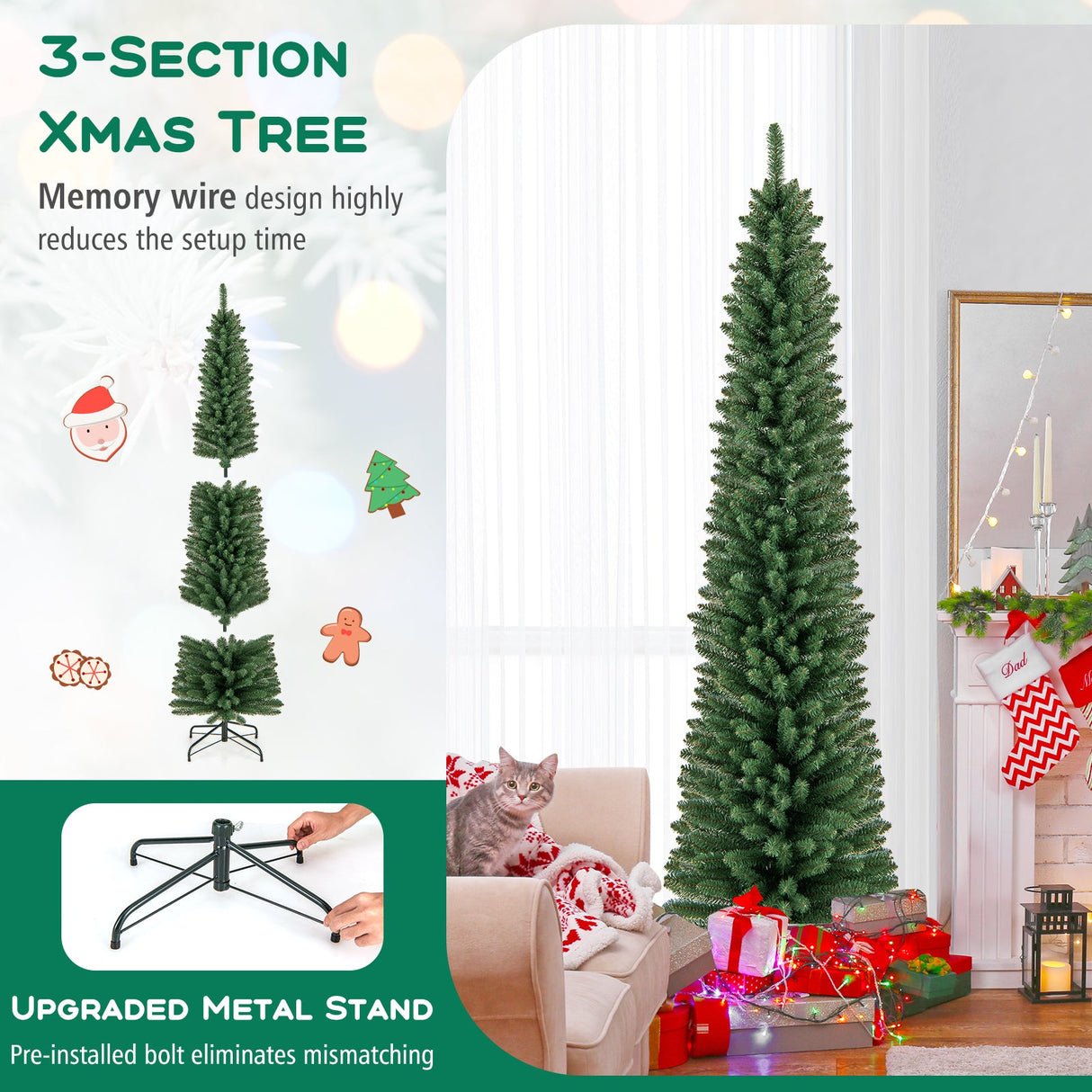 Árbol de Navidad Tipo Lápiz de 1,5/1,8/2,1/2,4 metros con 295/392/523/671 Puntas de Rama de Alambre con Memoria y Soporte Metálico Mejorado