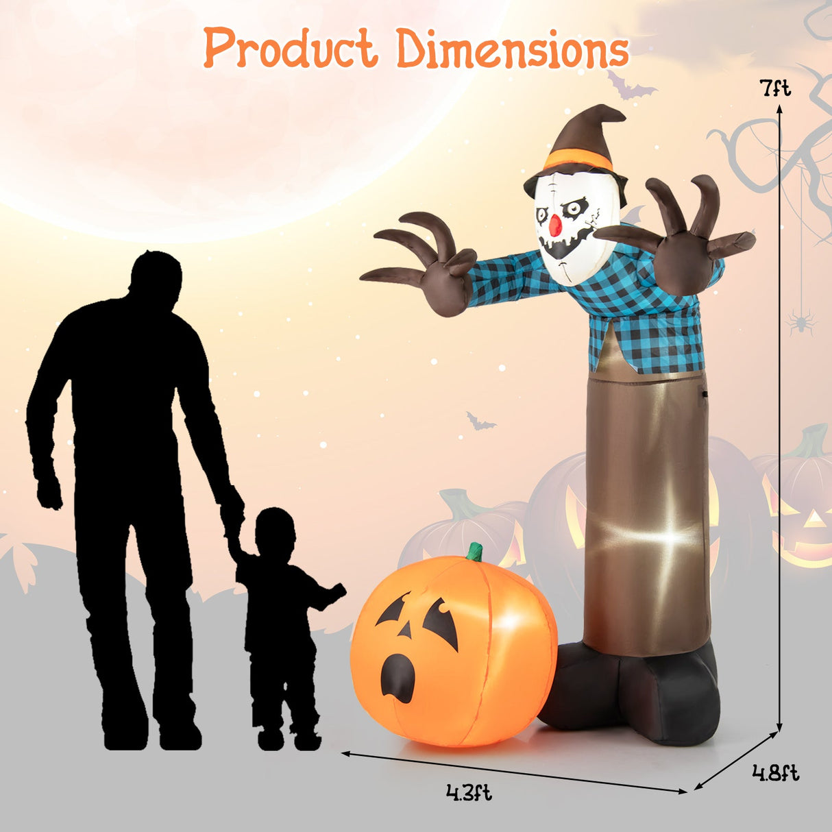Espantapájaros fantasma de calabaza inflable de Halloween de 2,13 m con luces LED incorporadas
