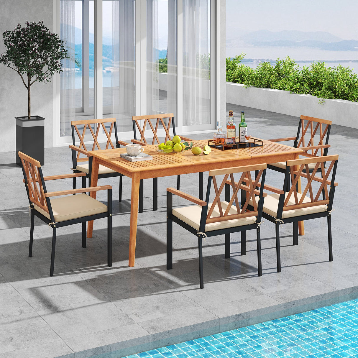 Juego de comedor de patio de 7 piezas de madera de acacia maciza con agujero para sombrilla