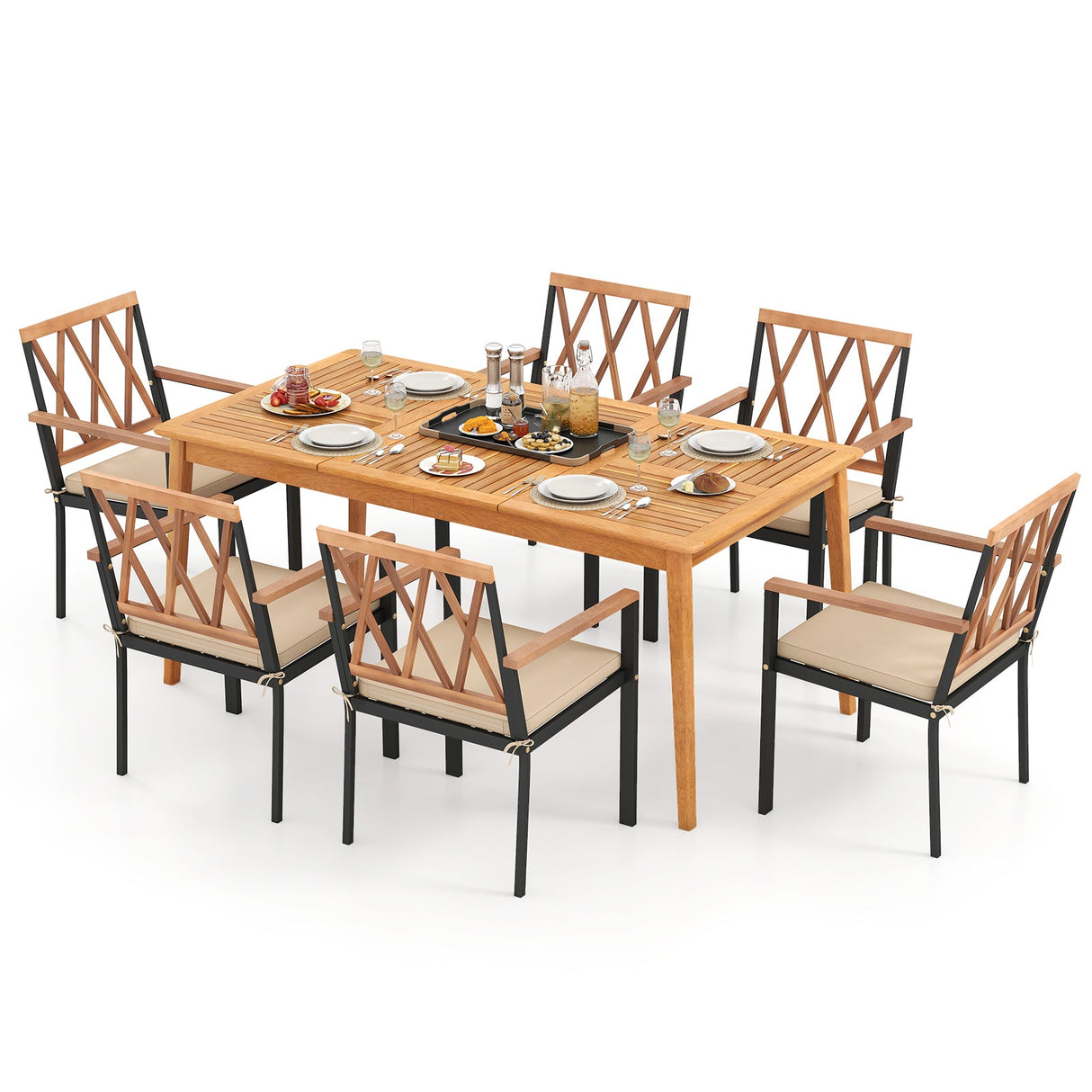 Juego de comedor de patio de 7 piezas de madera de acacia maciza con agujero para sombrilla