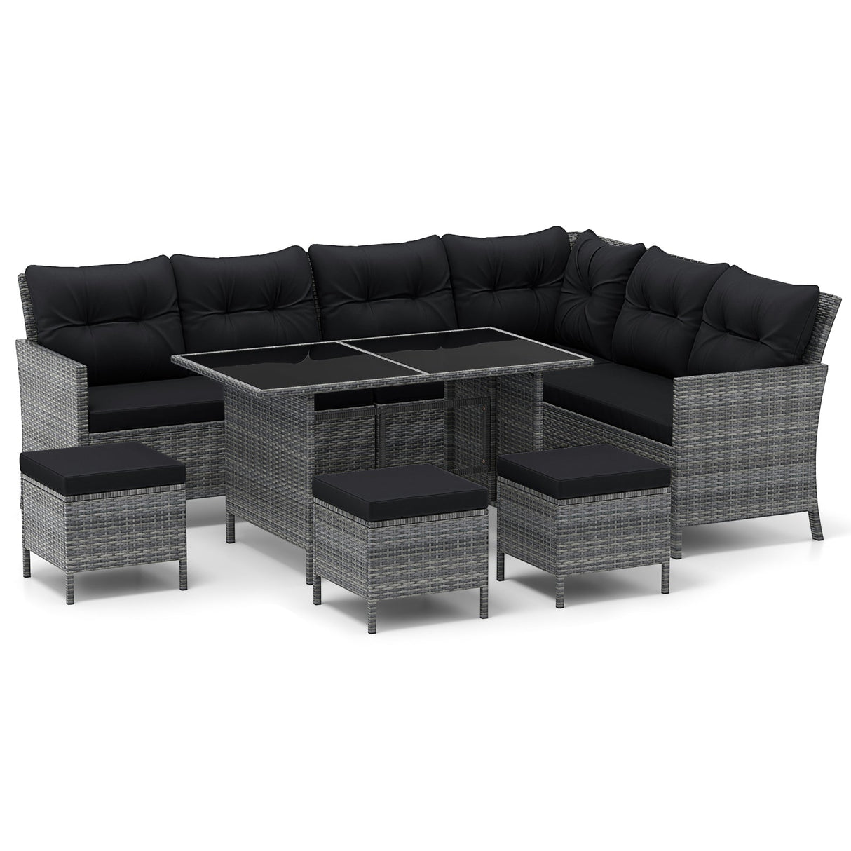 7 Pieces Patio Dining Furniture Set with Soft Cushions and Ottomans