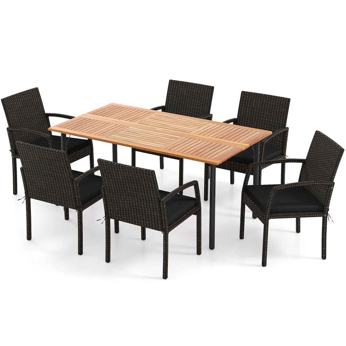 Juego de comedor de exterior de 7 piezas de madera de acacia con mesa con orificio para sombrilla y cojines