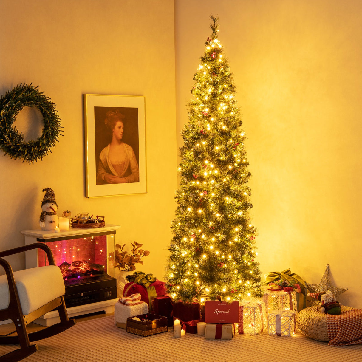 Árbol de Navidad Preiluminado Artificial Estrecho y Articulado de 5/6/7/8/9 Pies