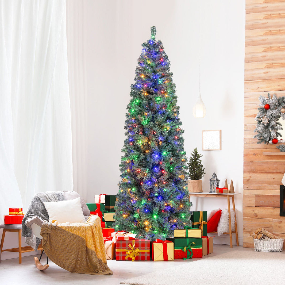 Árbol de Navidad artificial azul preiluminado delgado con 9 modos de iluminación