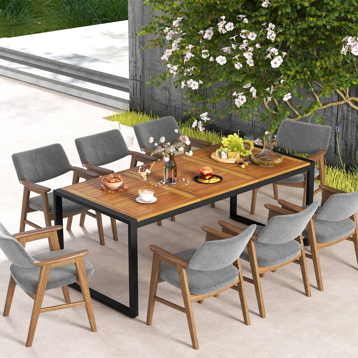 Mesa de patio de madera de acacia de 79 pulgadas con orificio para sombrilla de 1.9 pulgadas para jardín y piscina