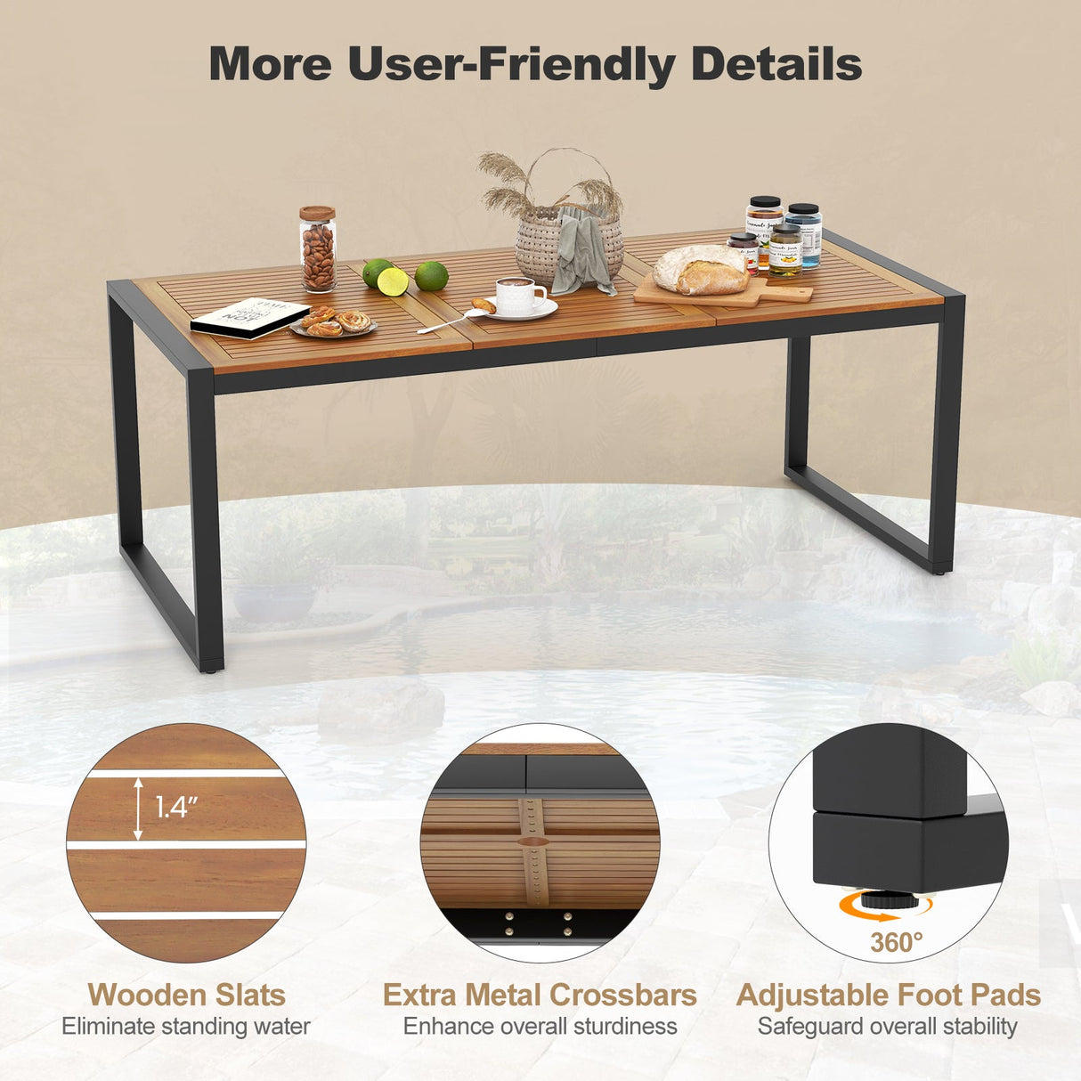 Mesa de patio de madera de acacia de 79 pulgadas con orificio para sombrilla de 1.9 pulgadas para jardín y piscina