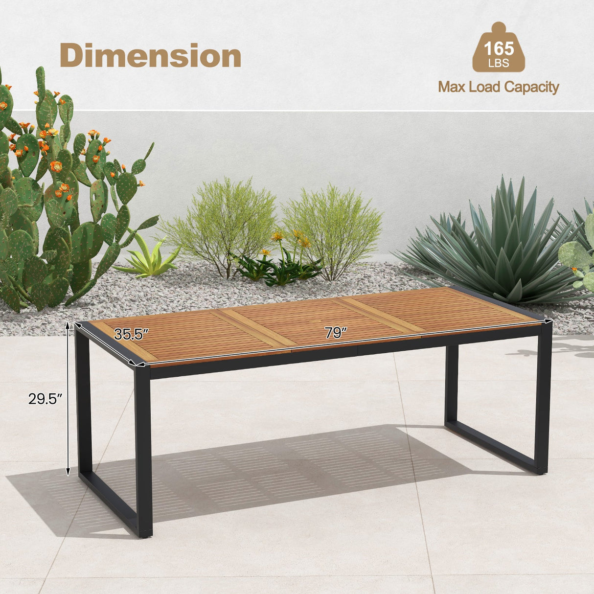 Mesa de patio de madera de acacia de 79 pulgadas con orificio para sombrilla de 1.9 pulgadas para jardín y piscina