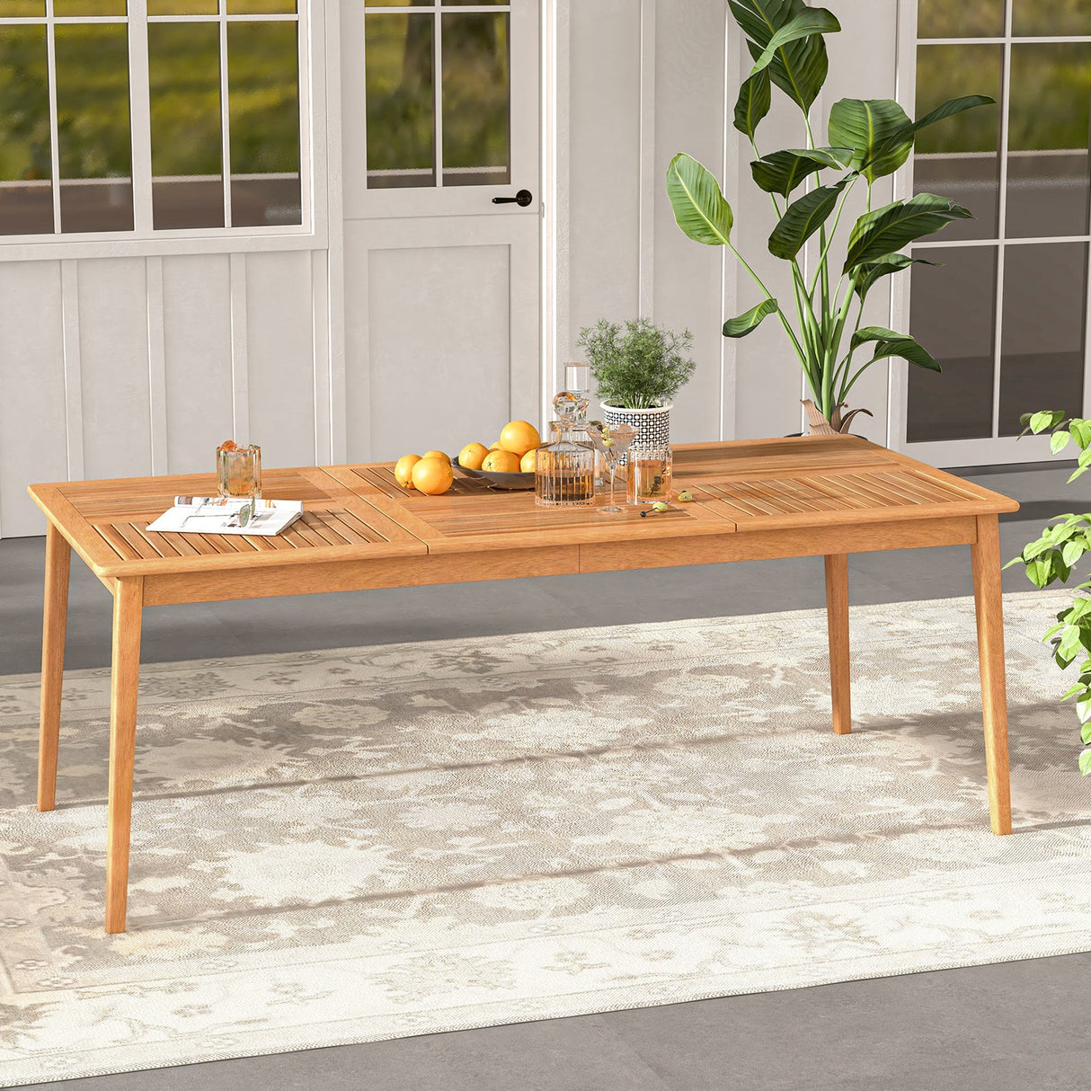 Mesa de comedor rectangular para 8 personas de madera de acacia para exterior con agujero para sombrilla