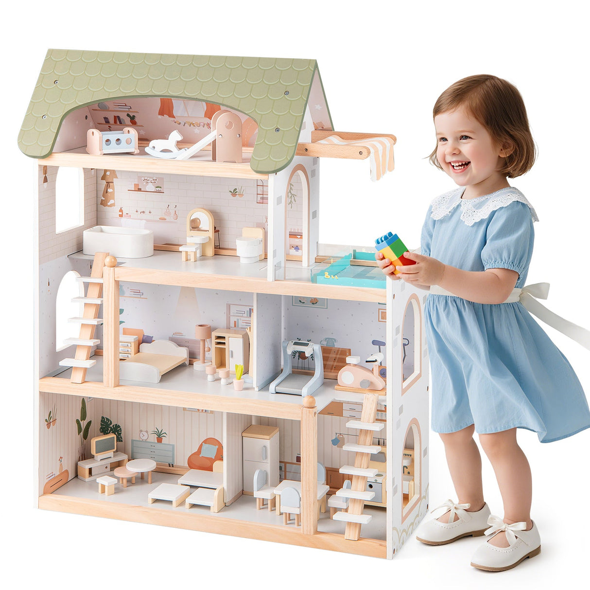 Casa de muñecas de madera para niños, casa de juegos de simulación con 33 accesorios de muebles - Verde