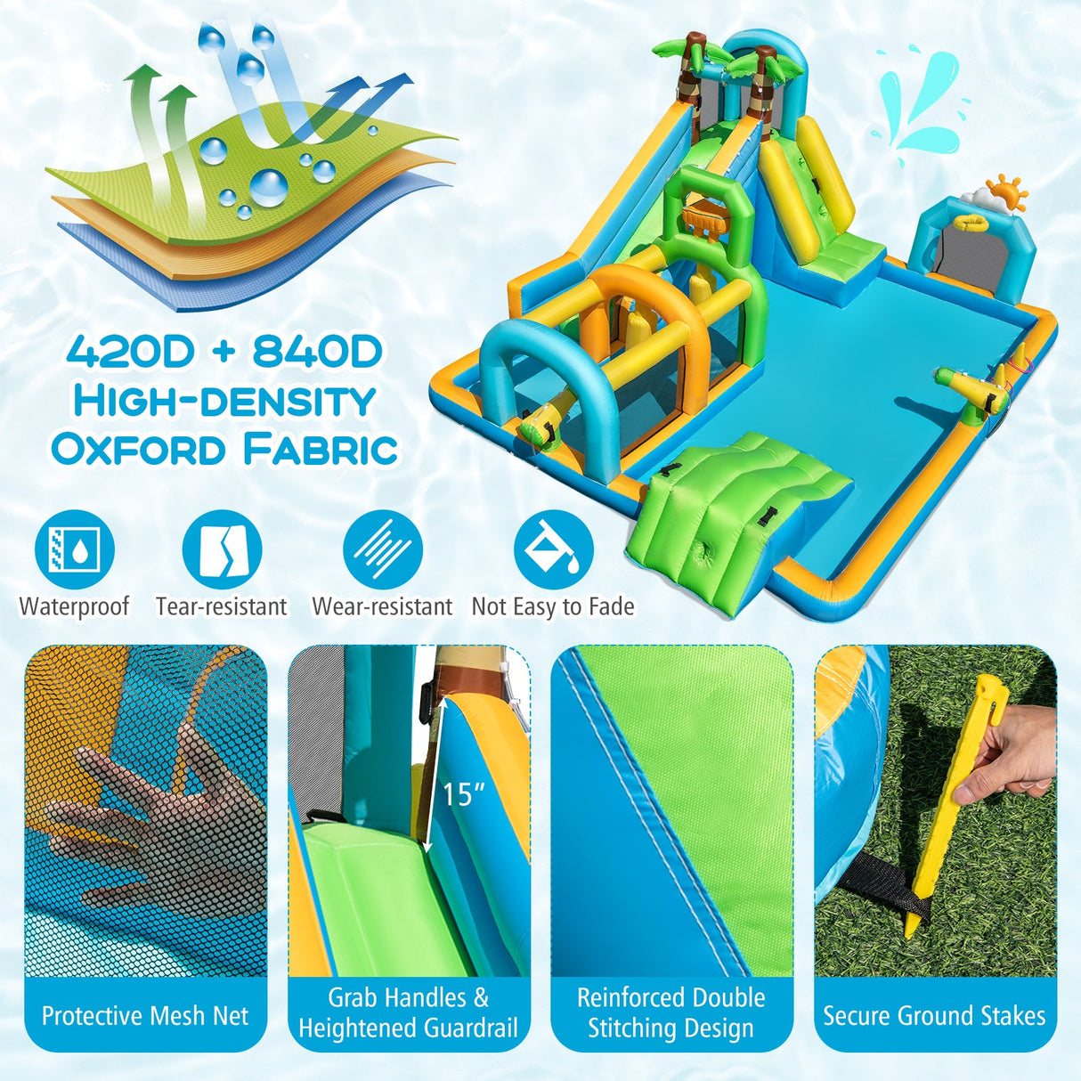 Tobogán Hinchable de Agua Temática Tropical con Doble Rampa, Parque Acuático, Excluye Soplador