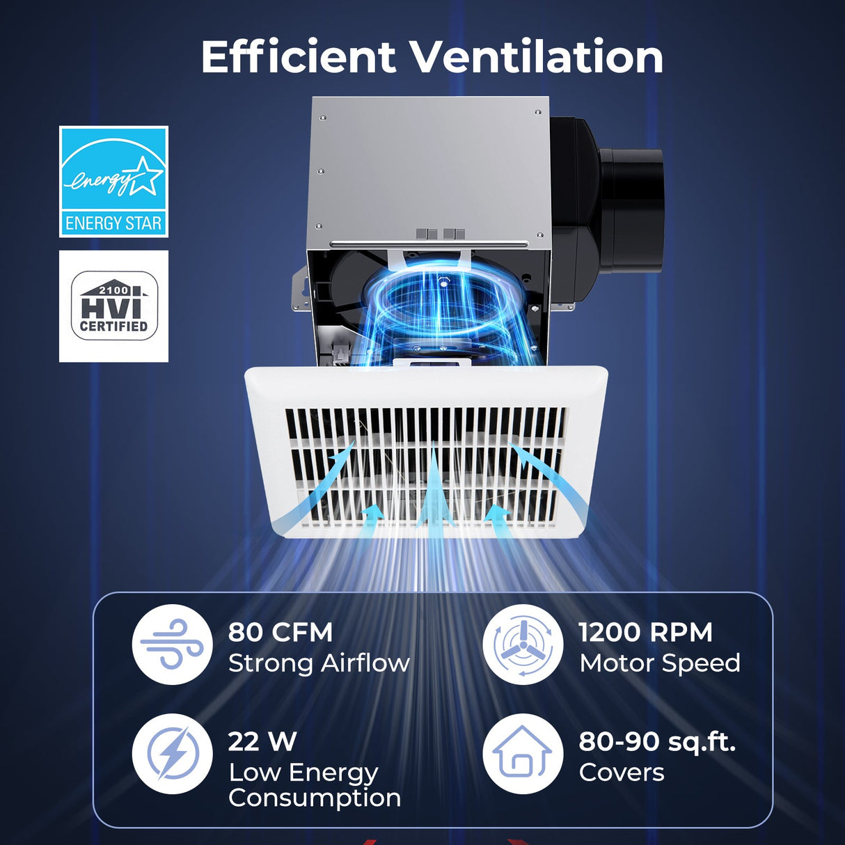 Ventilador extractor de baño de techo de 80 CFM con carcasa metálica y conducto de 4 pulgadas