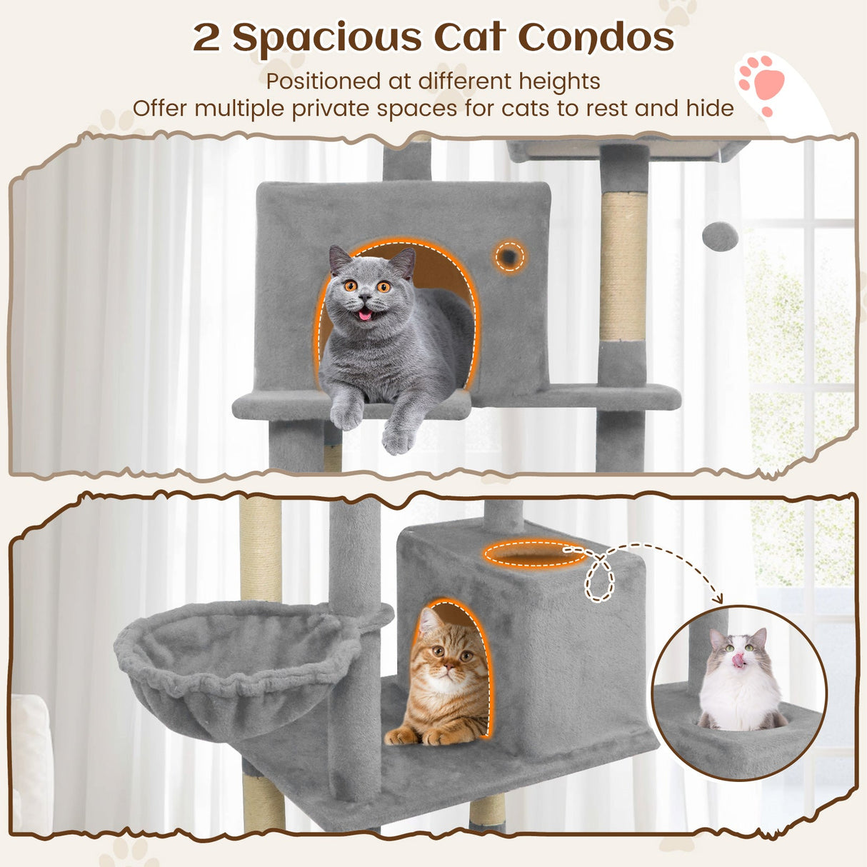 80 Inches Tall Cat Tree with 2 Large Condos and Dangling Toys