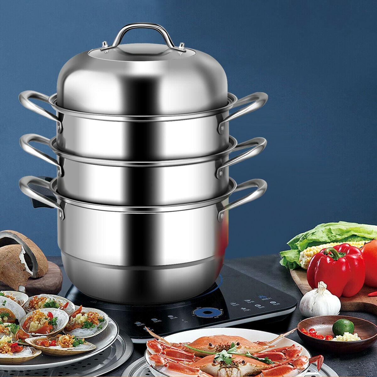 Olla de Cocina de Acero Inoxidable de 3 Niveles con Vaporera