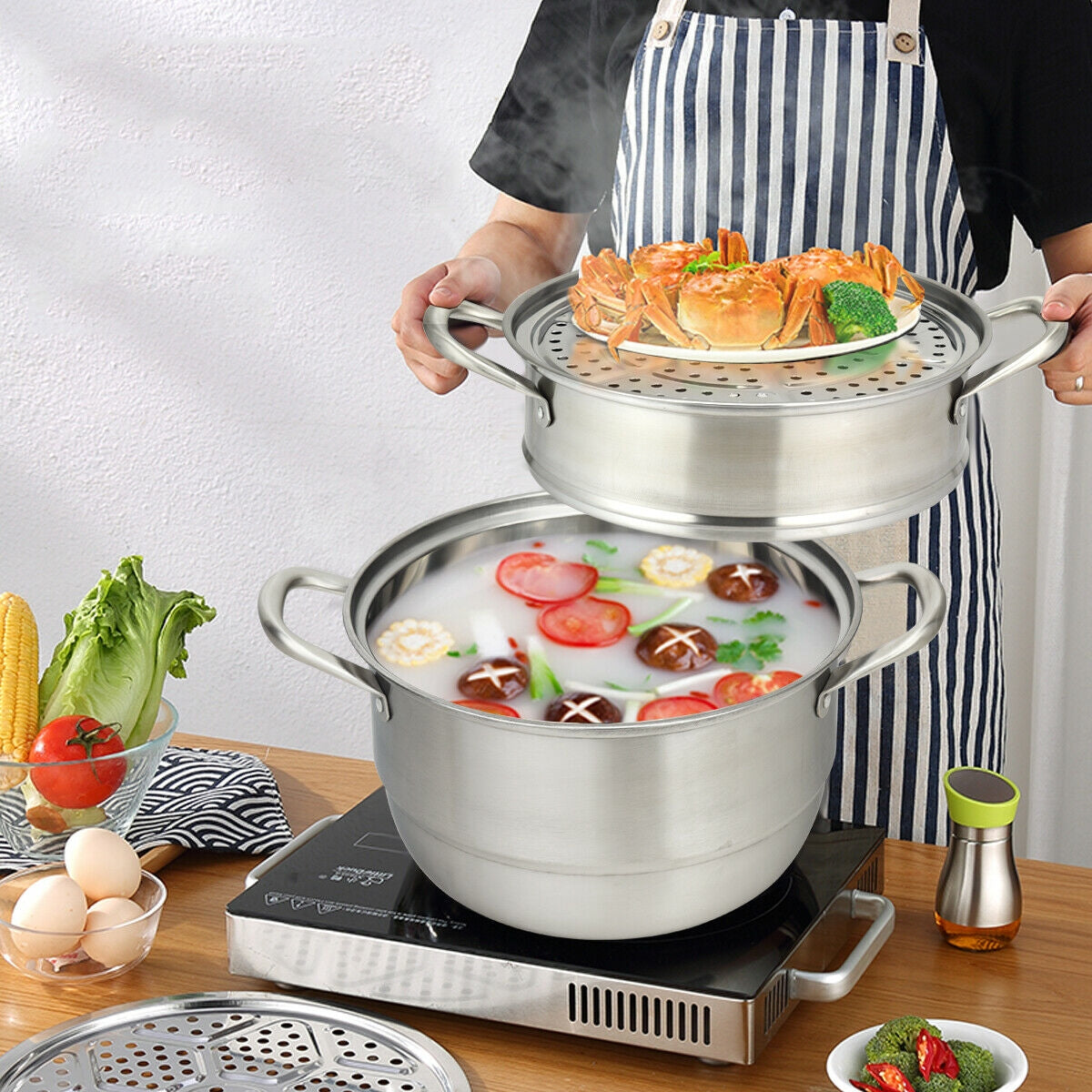 Olla de Cocina de Acero Inoxidable de 3 Niveles con Vaporera