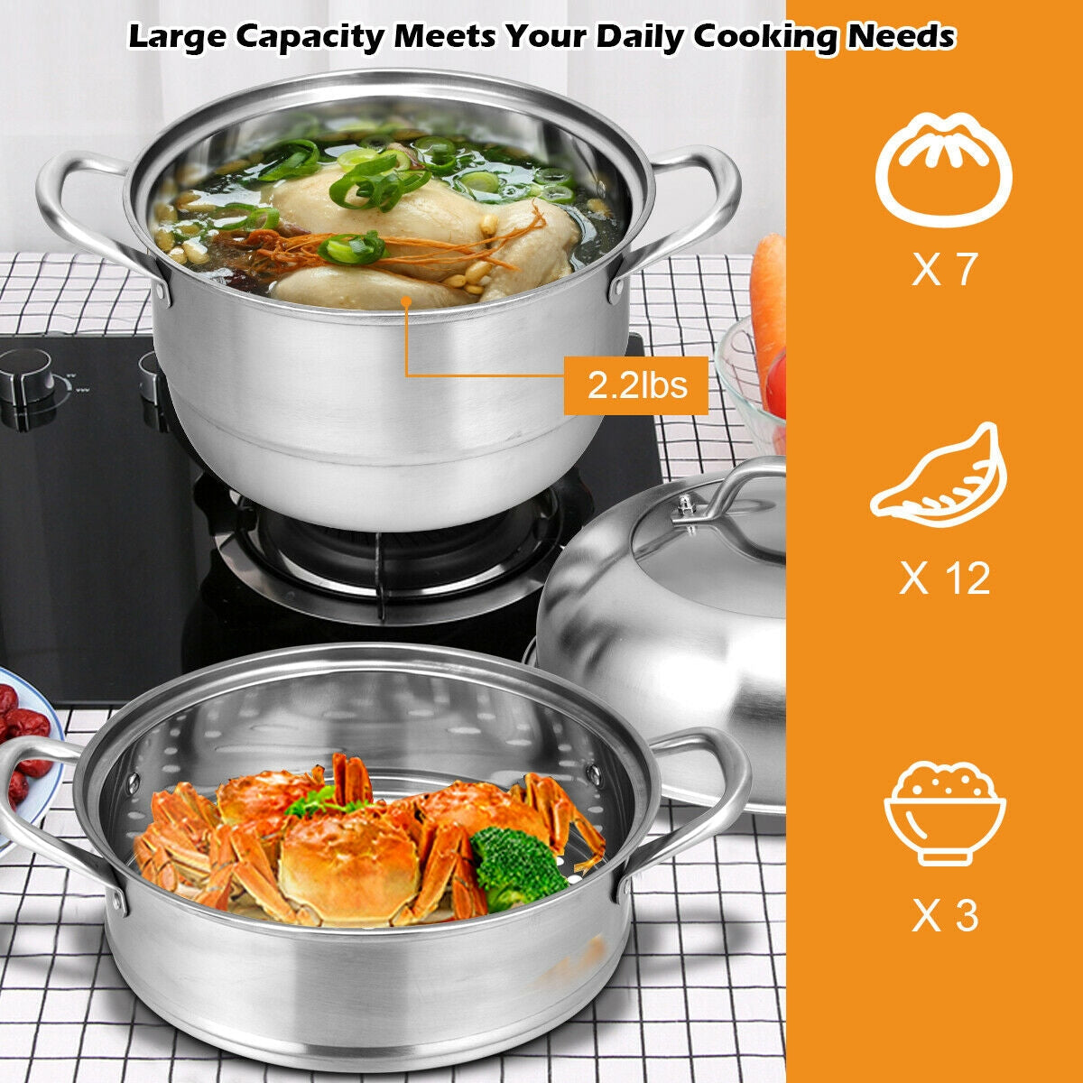 Olla de Cocina de Acero Inoxidable de 3 Niveles con Vaporera