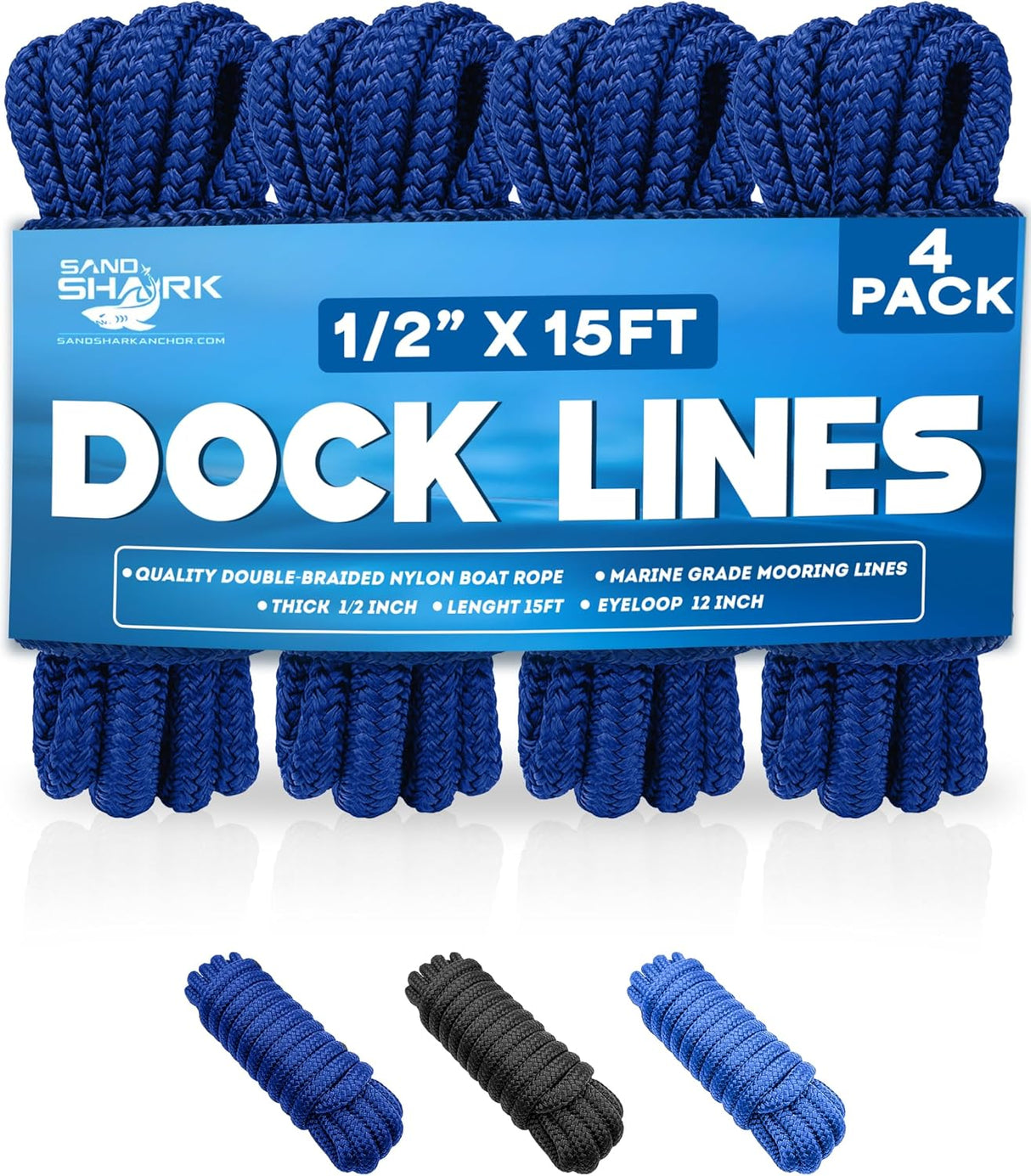 4-Pack Premium Dock Lines – Heavy Duty for Boats, Jet Skis, and Pontoons (1/2"x15')