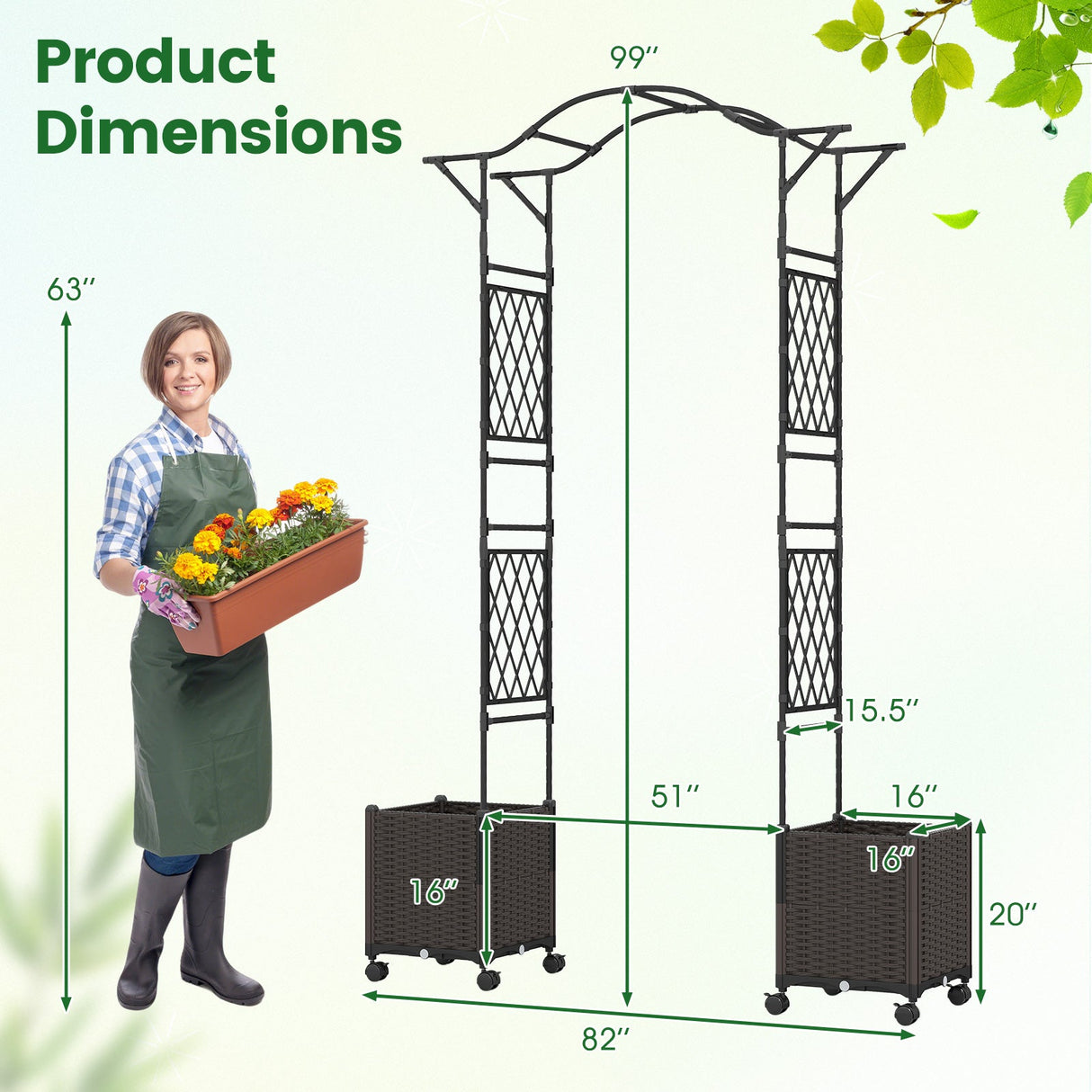 Pérgola de jardín de 208 x 251 cm con 2 jardineras de autorriego con ruedas - Negra