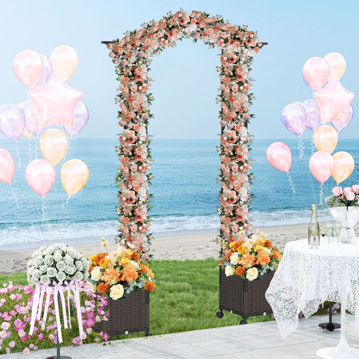 Pérgola de jardín de 208 x 251 cm con 2 jardineras de autorriego con ruedas - Negra