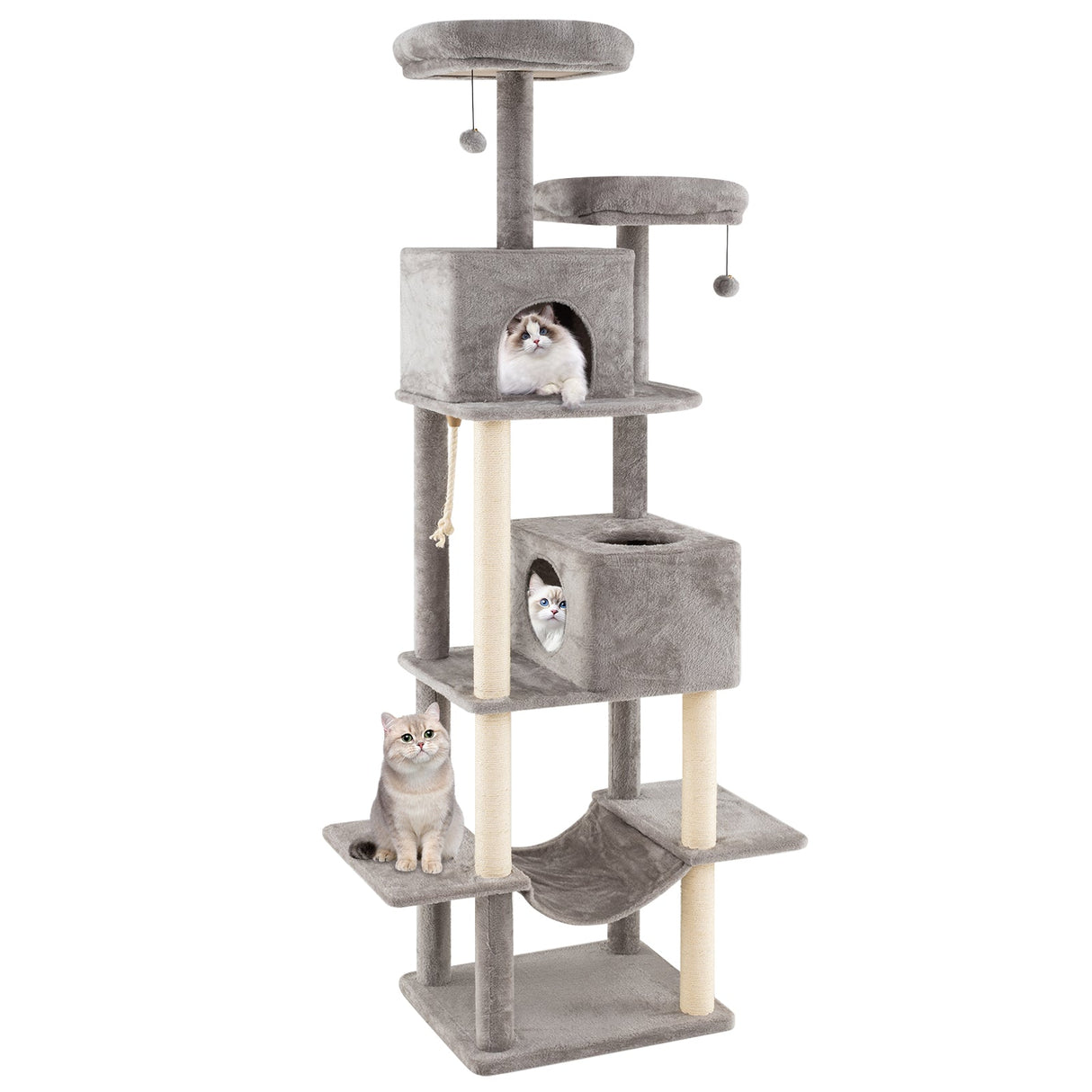 Árbol para gatos grande de 84 pulgadas con 2 condominios y 2 perchas de felpa suave para gatos de interior-Gris