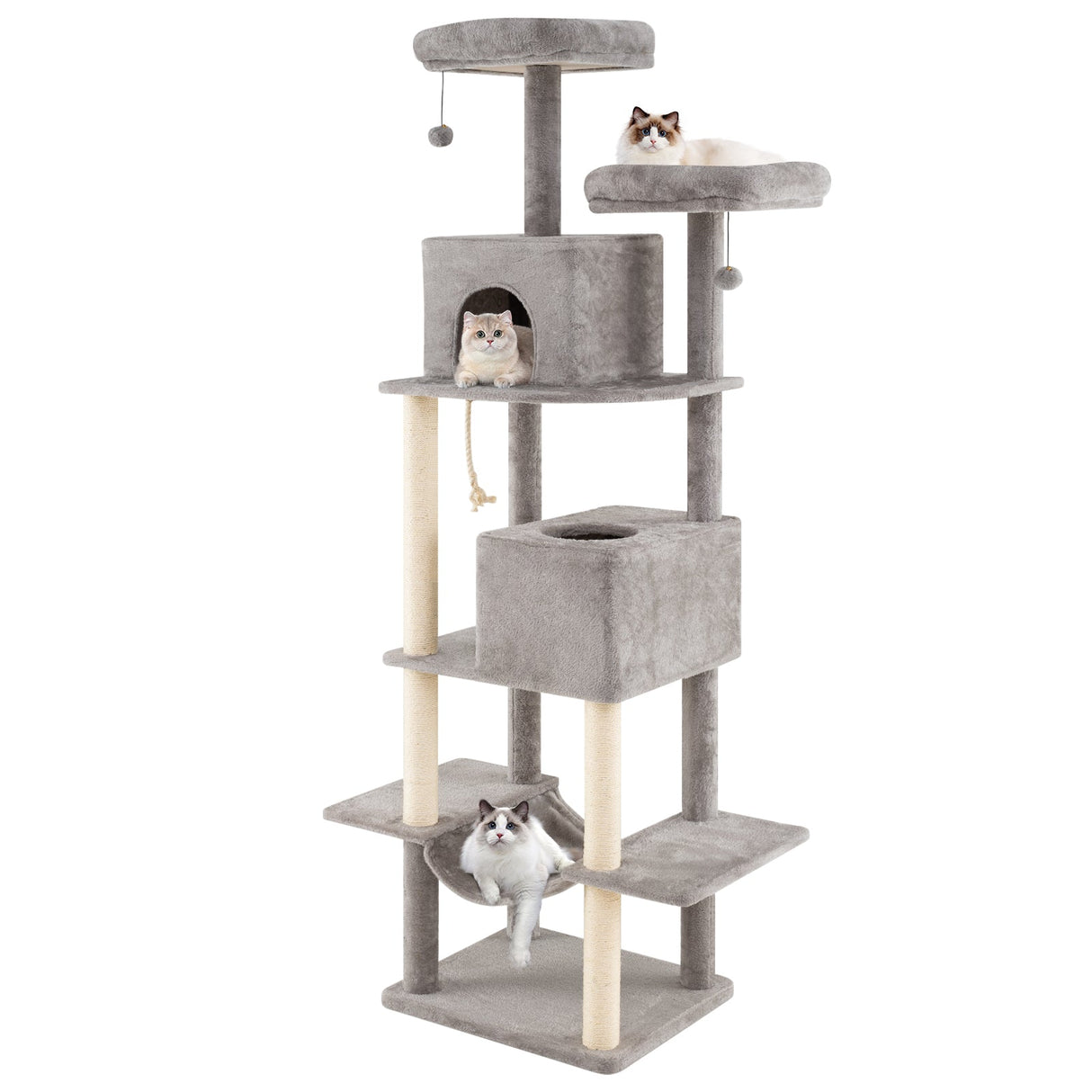 Árbol para gatos grande de 84 pulgadas con 2 condominios y 2 perchas de felpa suave para gatos de interior-Gris