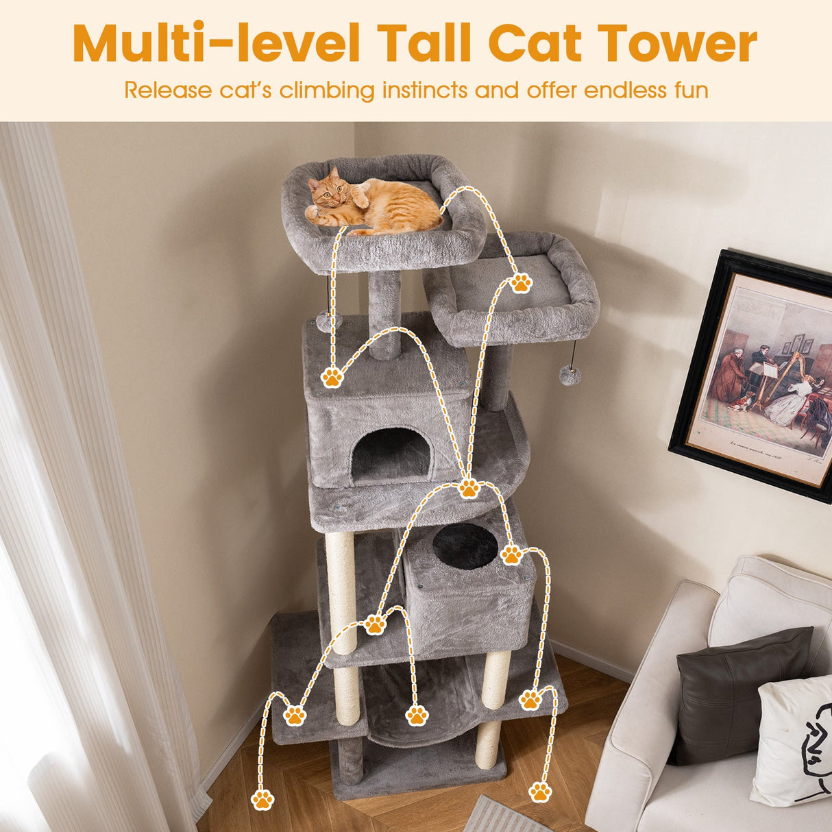 Árbol para gatos grande de 84 pulgadas con 2 condominios y 2 perchas de felpa suave para gatos de interior-Gris