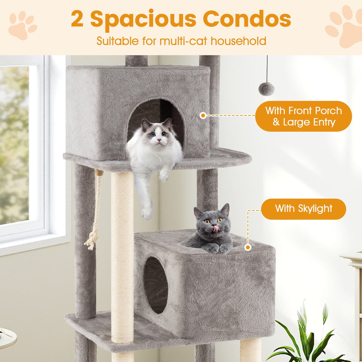 Árbol para gatos grande de 84 pulgadas con 2 condominios y 2 perchas de felpa suave para gatos de interior-Gris