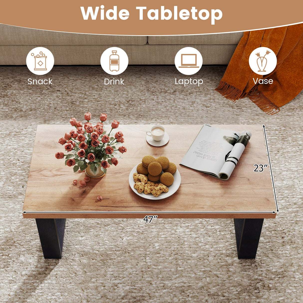 Mesa de centro rústica estilo granja de 47 pulgadas con tablero engrosado y textura de madera natural - Roble