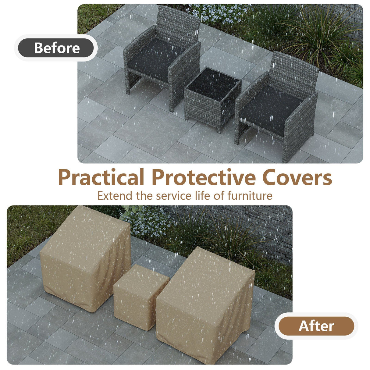 Fundas Impermeables para Muebles de Patio, Fundas para Conjunto de Conversación Exterior de 3 Piezas para Bistró - Beige